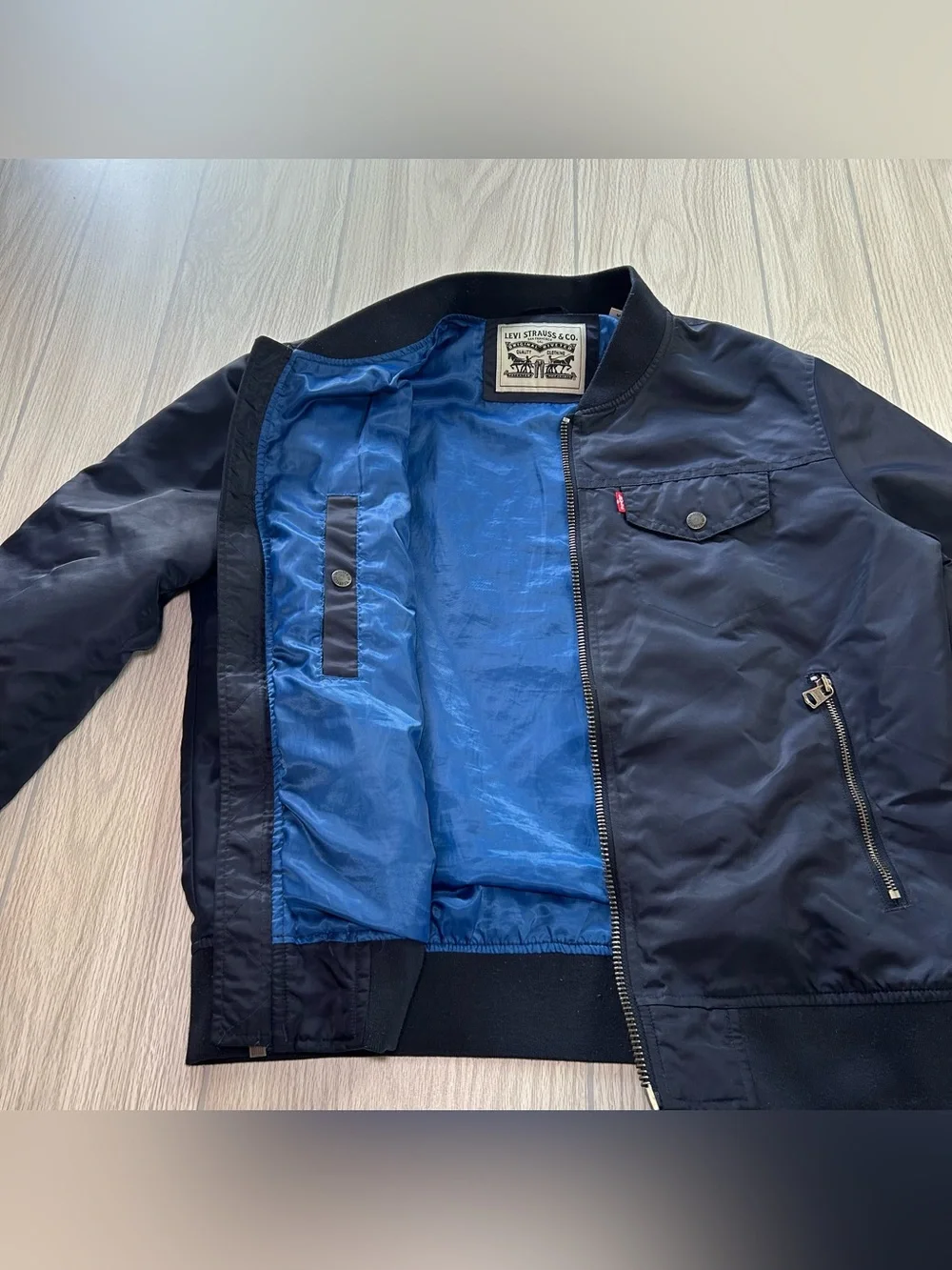 Levi’s MA-1 Flight Bomber Jacket Men’s Size M Blue Flight Jacket Satin Lined